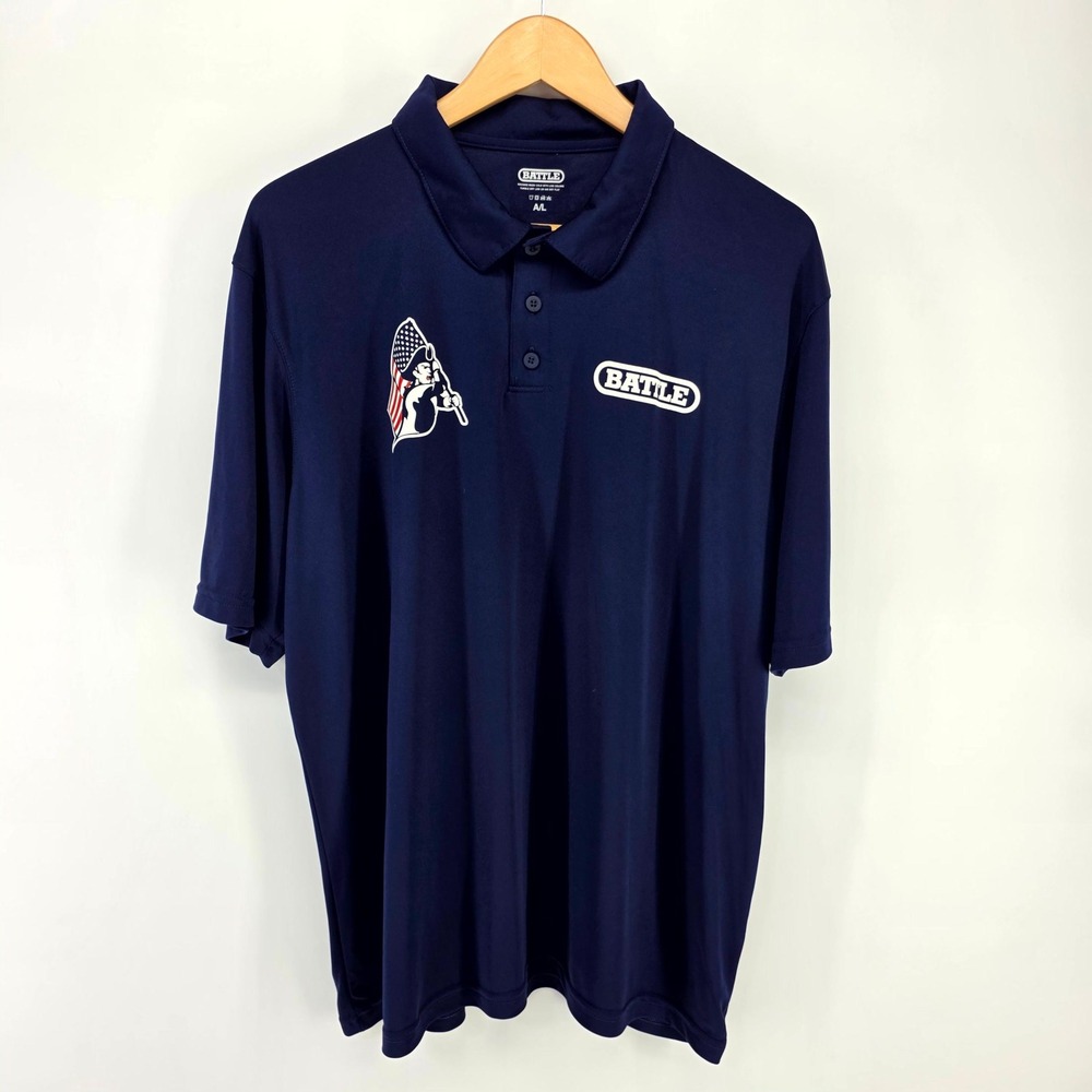Battle Polo Shirt Mens Large Navy Blue Patriot Flag Performance Activewear Logo